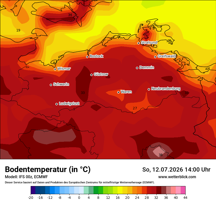 Modellkarte ECMWF – t_g – mv