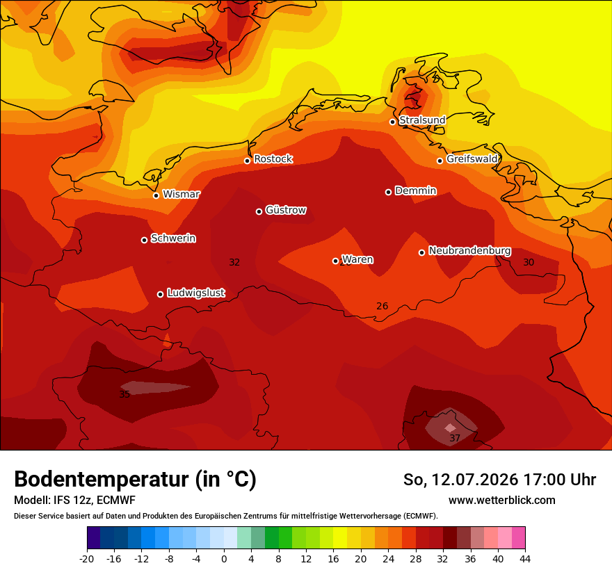 Modellkarte ECMWF – t_g – mv