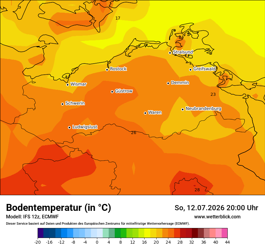 Modellkarte ECMWF – t_g – mv
