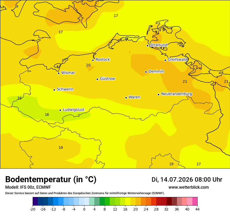 Modellkarte ECMWF – t_g – mv