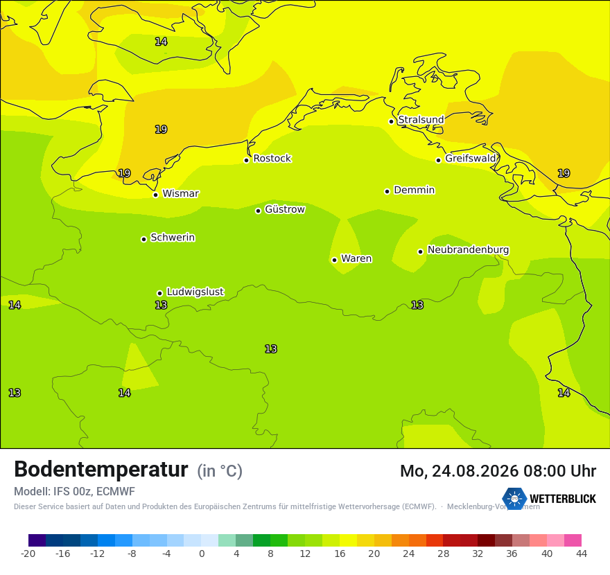 Modellkarte ECMWF – t_g – mv