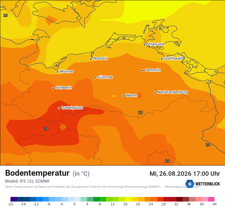 Modellkarte ECMWF – t_g – mv
