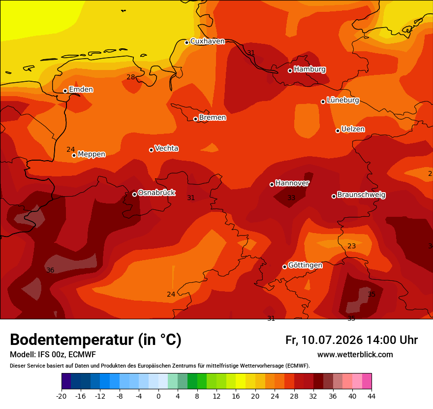 Modellkarte ECMWF – t_g – ni