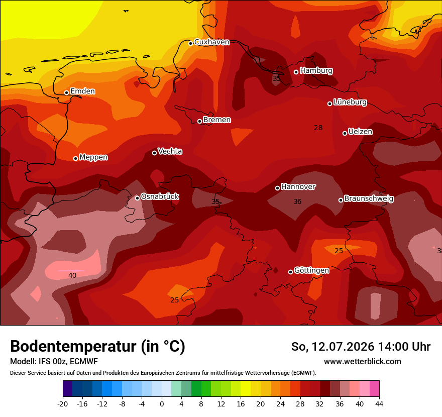 Modellkarte ECMWF – t_g – ni