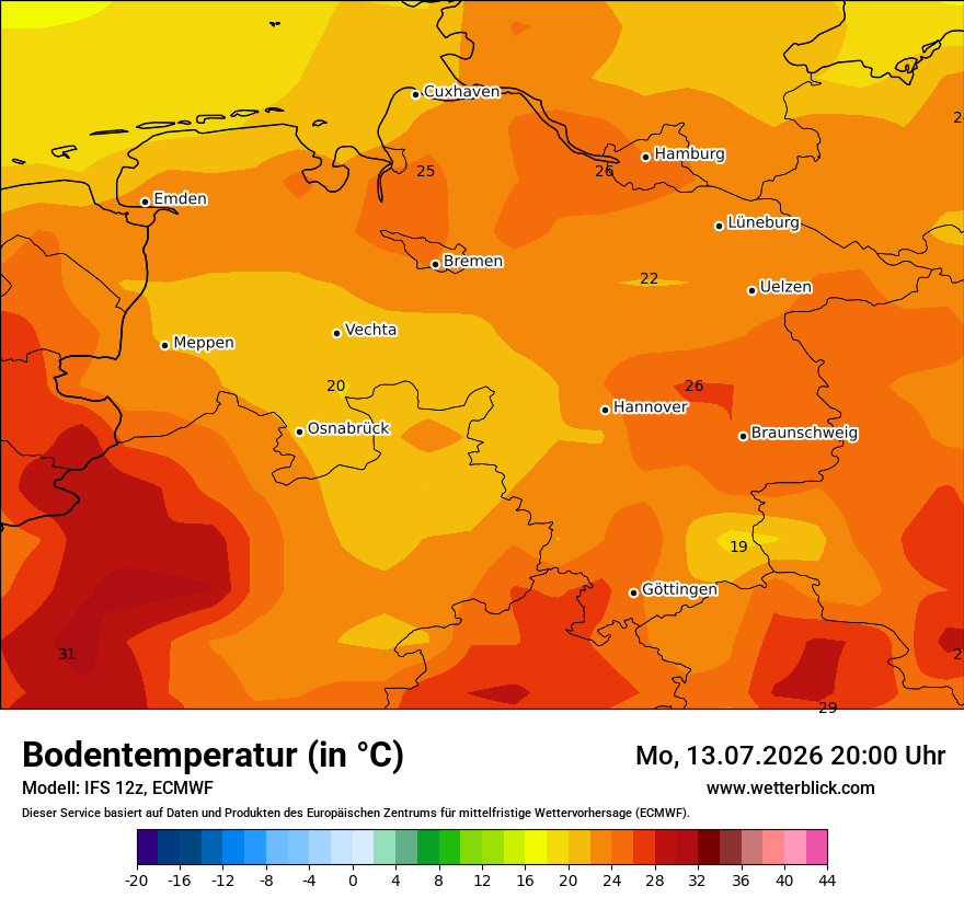 Modellkarte ECMWF – t_g – ni