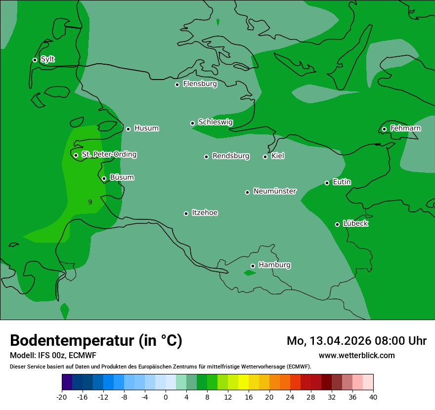 Modellkarte ECMWF – t_g – sh