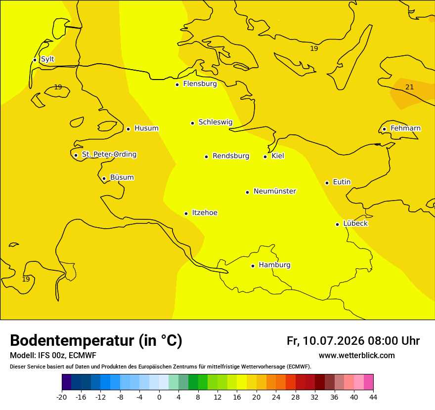 Modellkarte ECMWF – t_g – sh