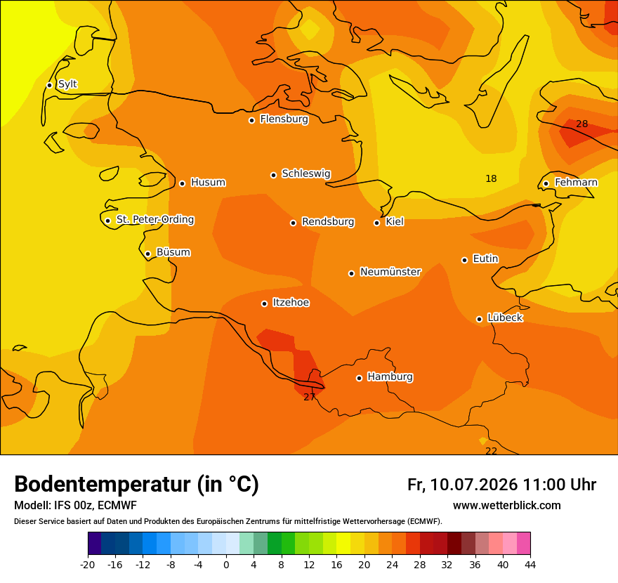 Modellkarte ECMWF – t_g – sh