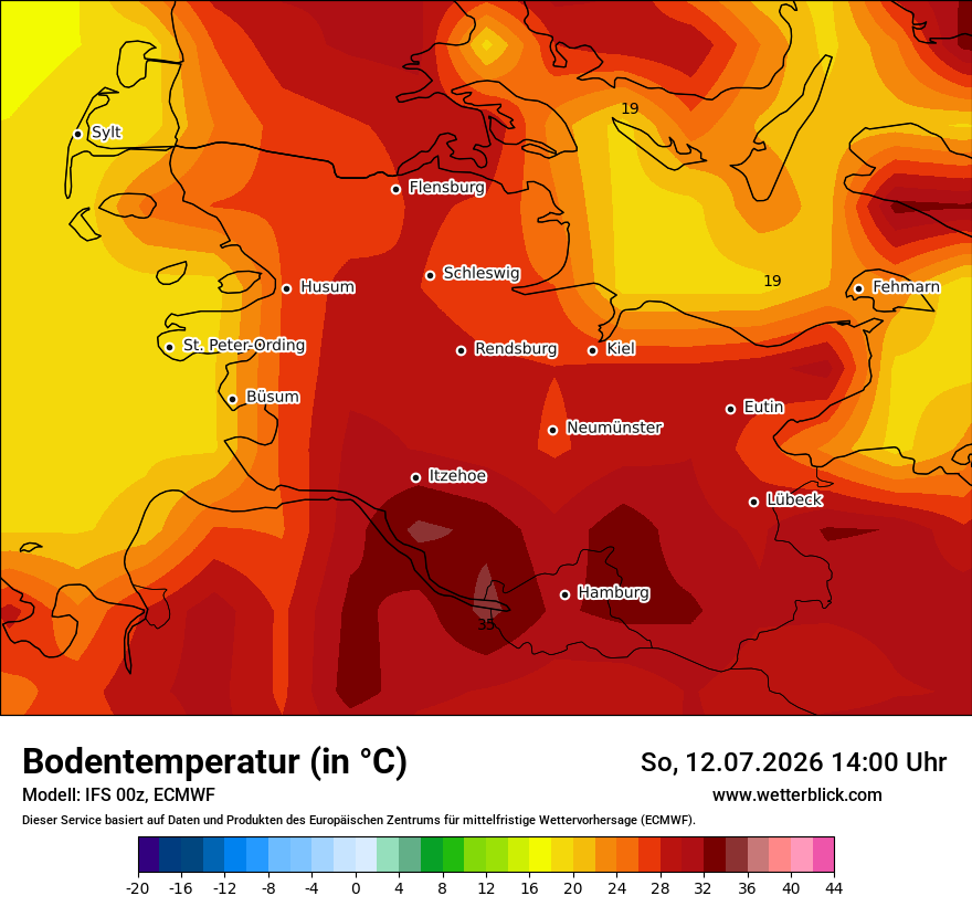 Modellkarte ECMWF – t_g – sh
