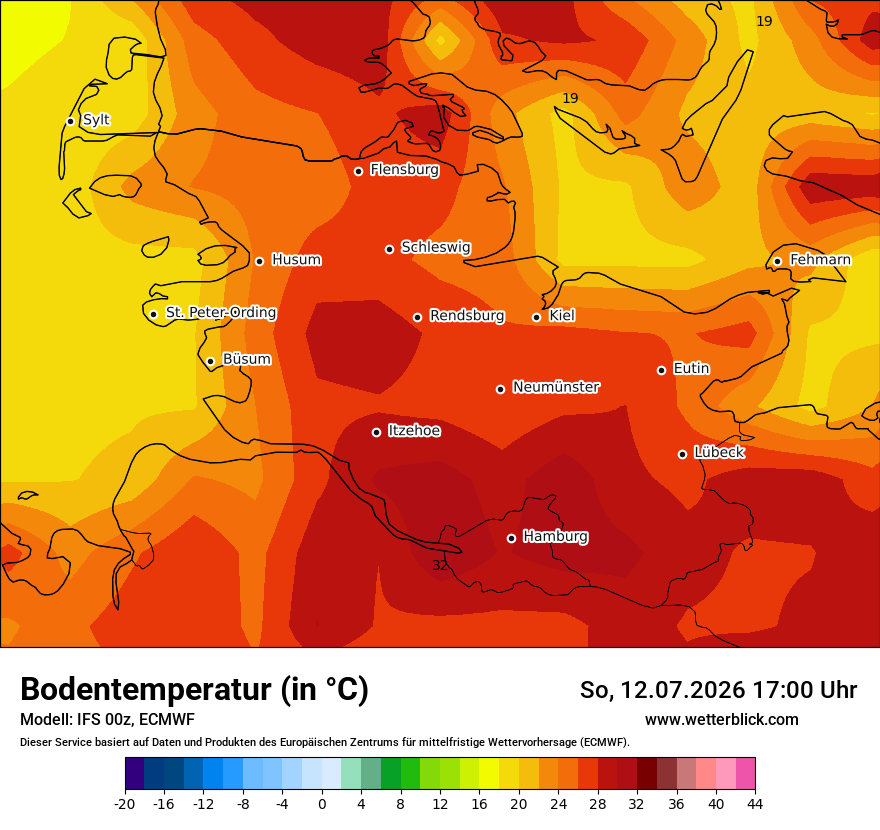 Modellkarte ECMWF – t_g – sh