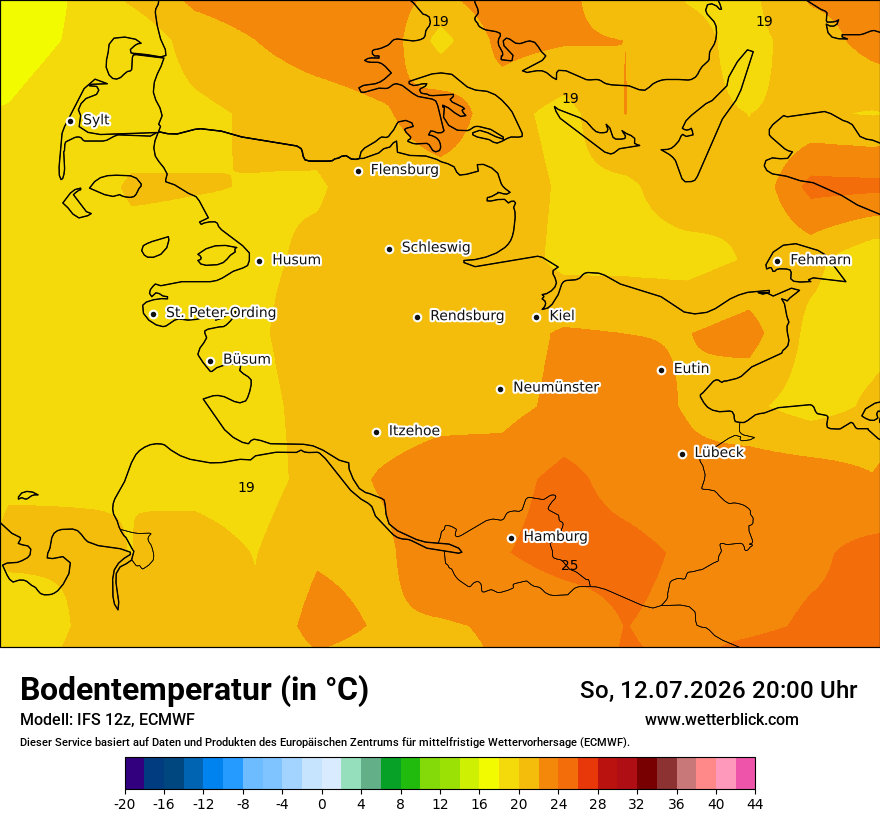 Modellkarte ECMWF – t_g – sh
