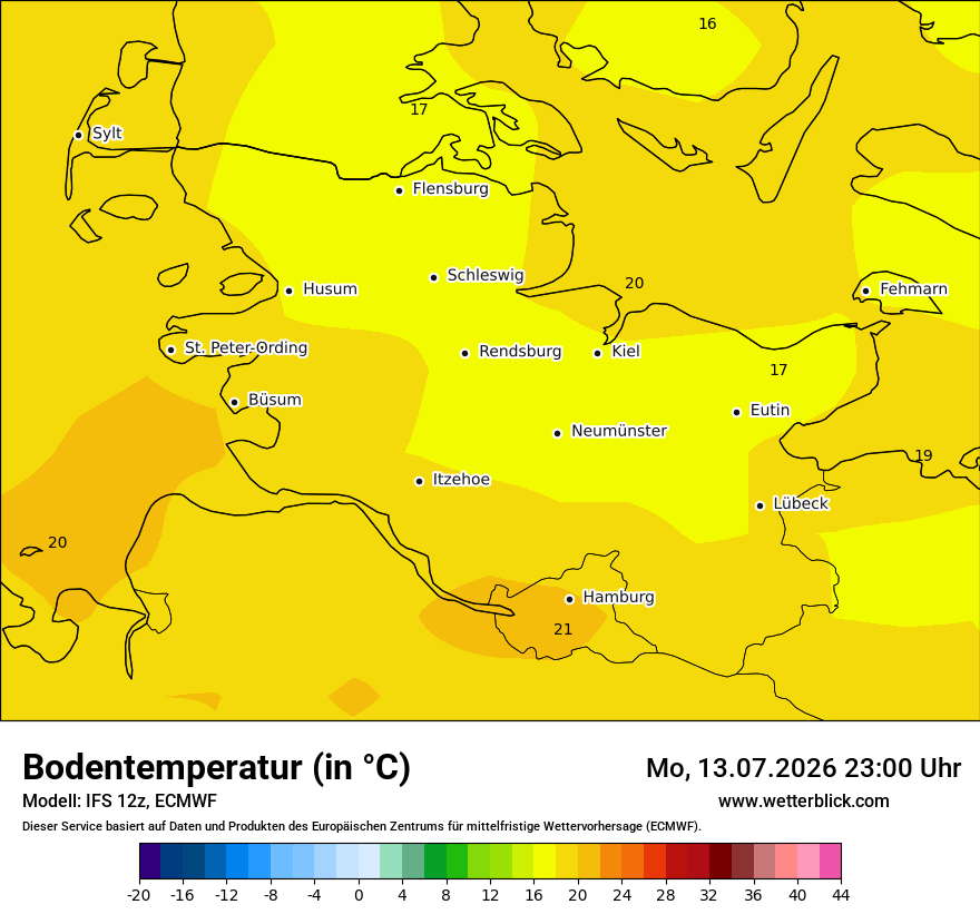 Modellkarte ECMWF – t_g – sh