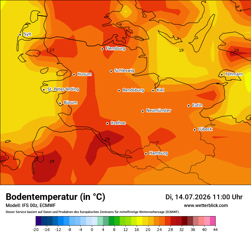 Modellkarte ECMWF – t_g – sh