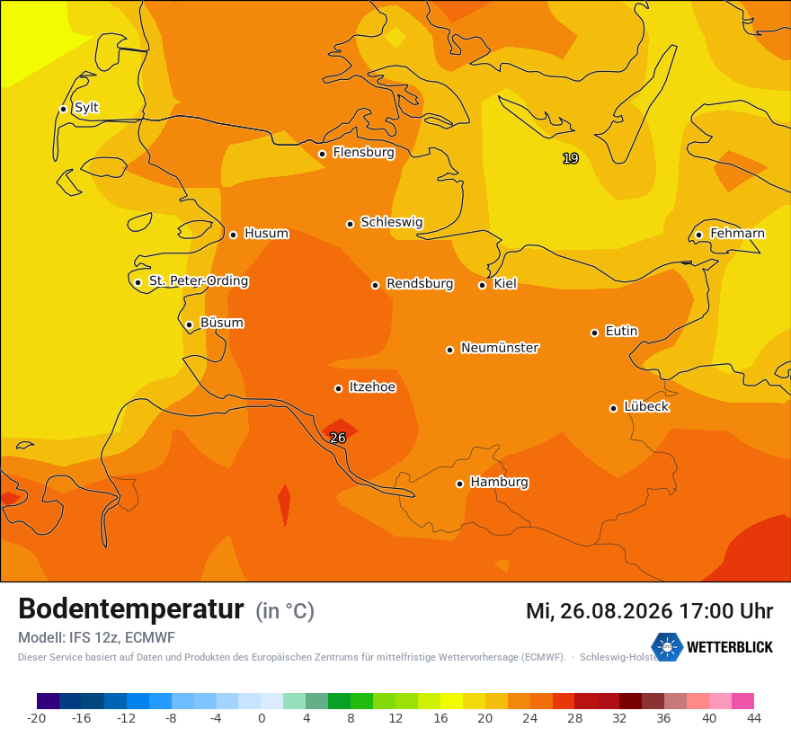 Modellkarte ECMWF – t_g – sh