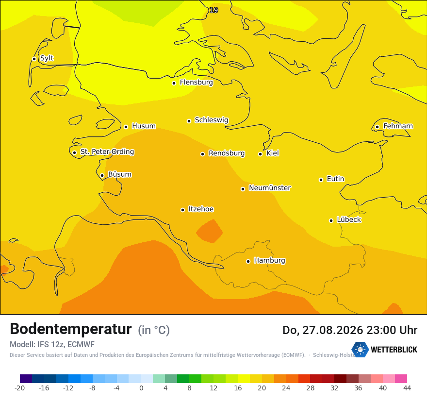 Modellkarte ECMWF – t_g – sh