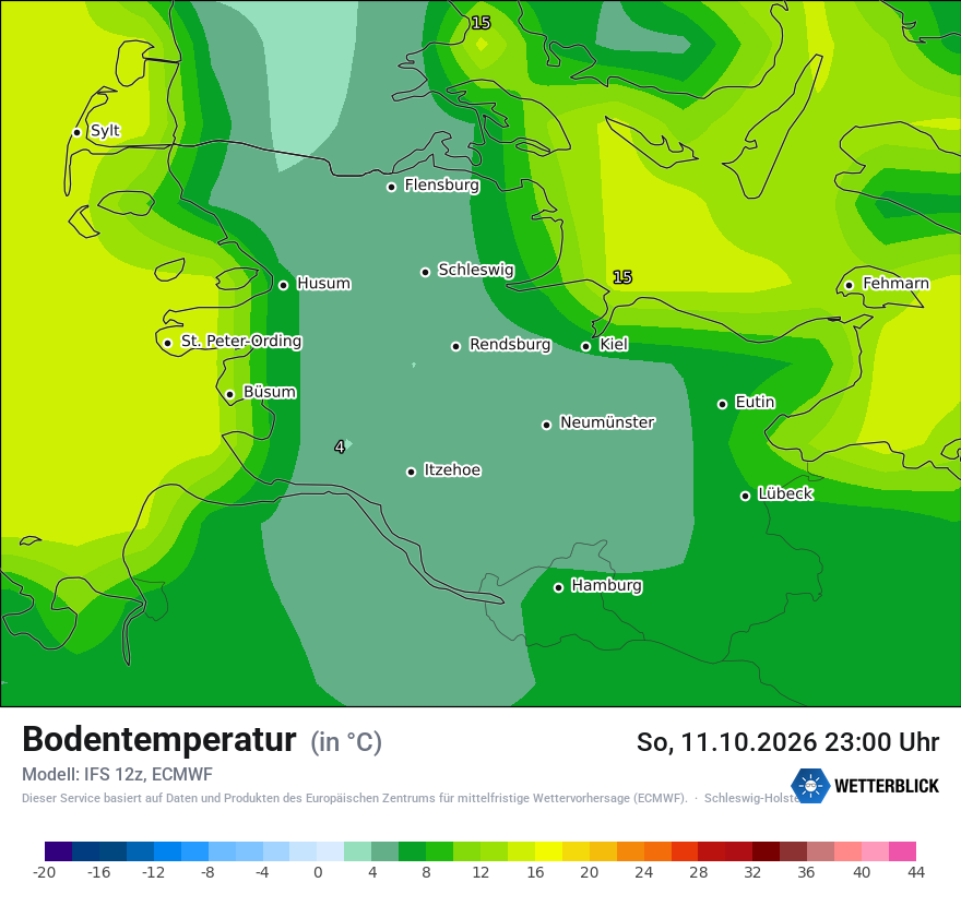 Modellkarte ECMWF – t_g – sh