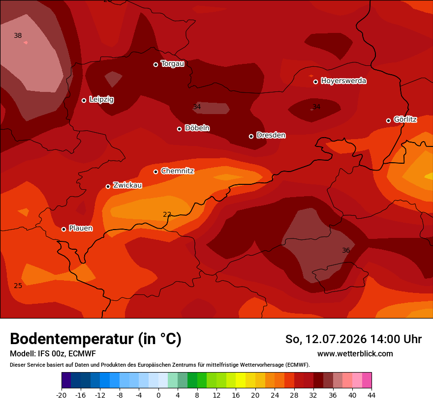 Modellkarte ECMWF – t_g – sn