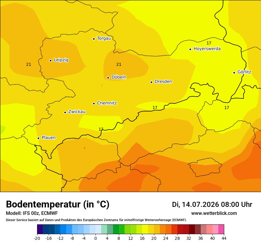 Modellkarte ECMWF – t_g – sn