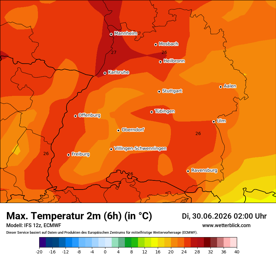 Modellkarte ECMWF – tmax6h – bw