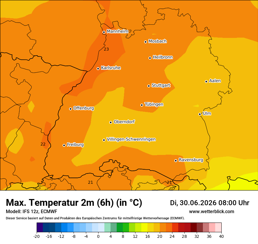 Modellkarte ECMWF – tmax6h – bw