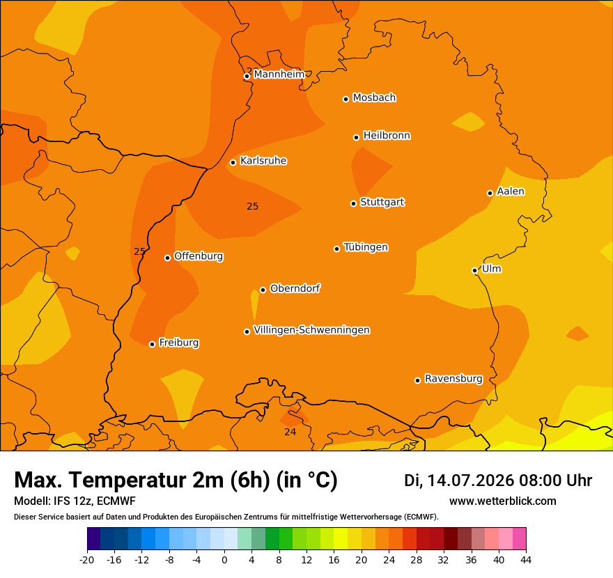 Modellkarte ECMWF – tmax6h – bw