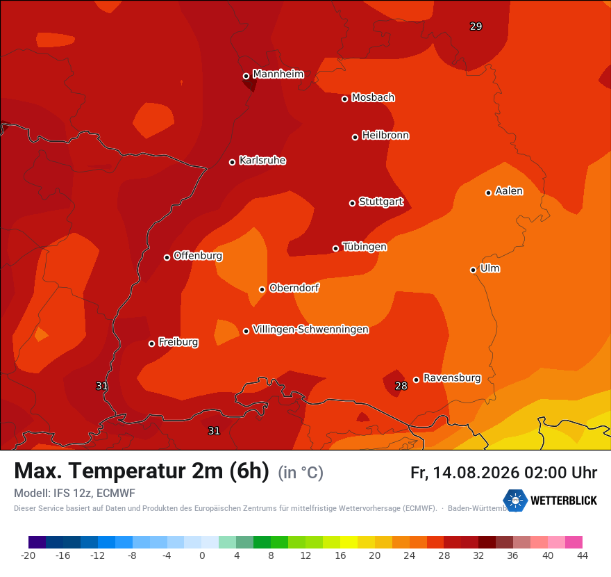 Modellkarte ECMWF – tmax6h – bw
