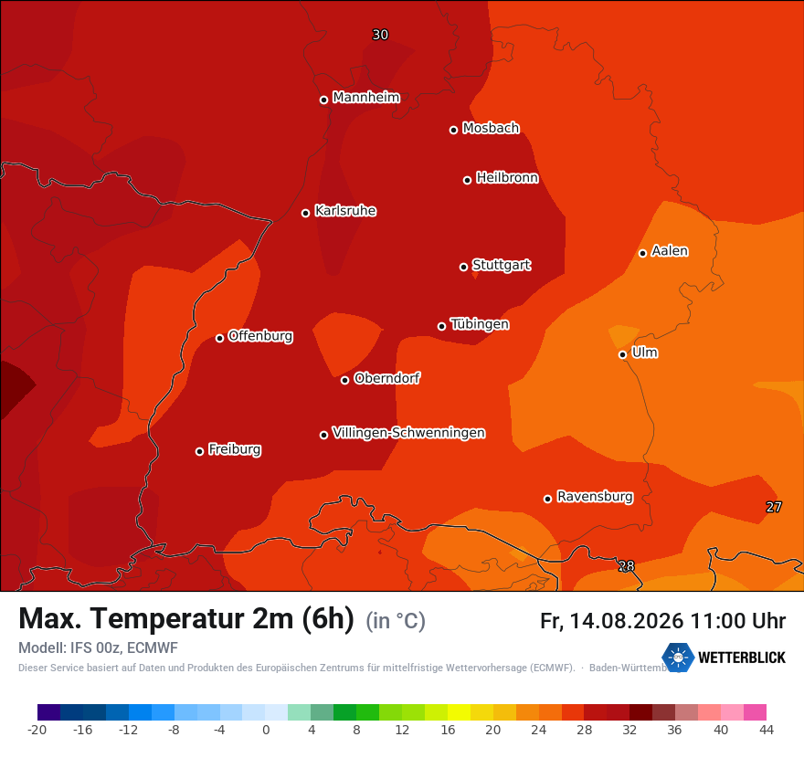 Modellkarte ECMWF – tmax6h – bw