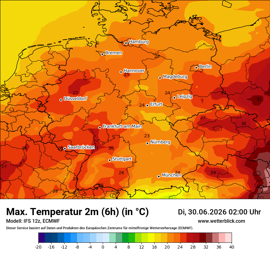 Modellkarte ECMWF – tmax6h – deutschland
