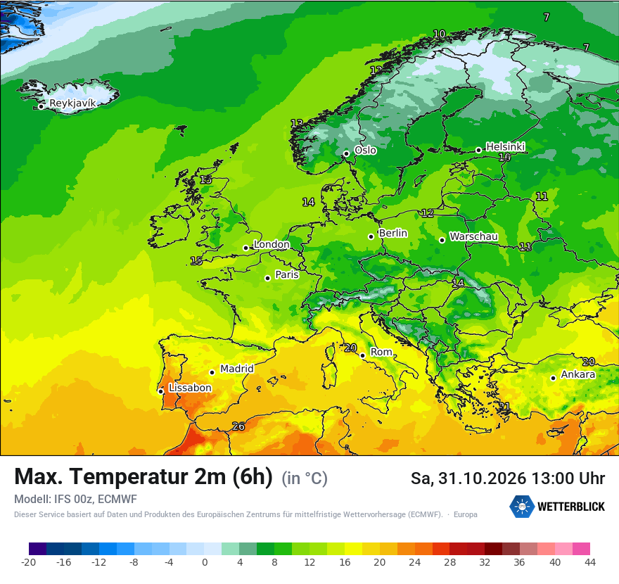Modellkarte ECMWF – tmax6h – europa