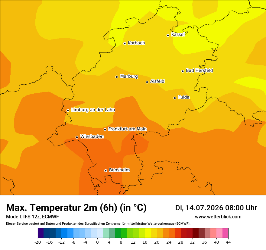 Modellkarte ECMWF – tmax6h – he
