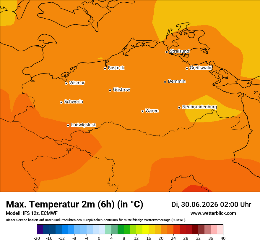 Modellkarte ECMWF – tmax6h – mv
