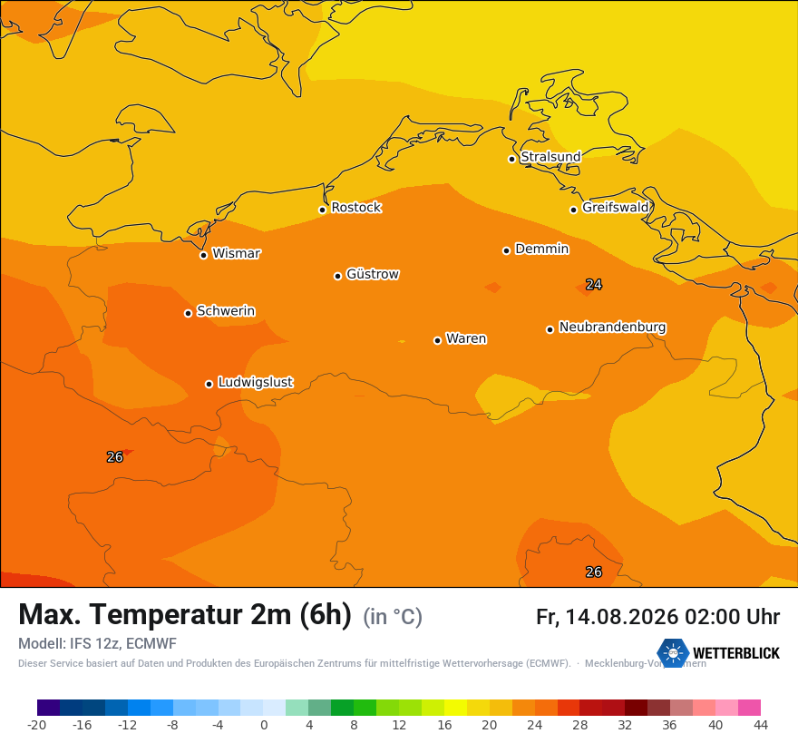 Modellkarte ECMWF – tmax6h – mv