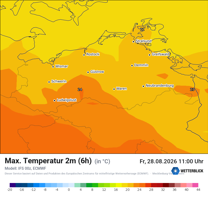 Modellkarte ECMWF – tmax6h – mv