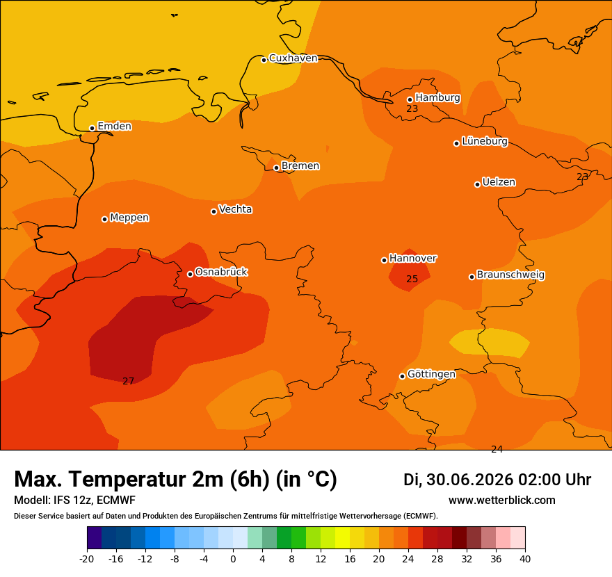 Modellkarte ECMWF – tmax6h – ni