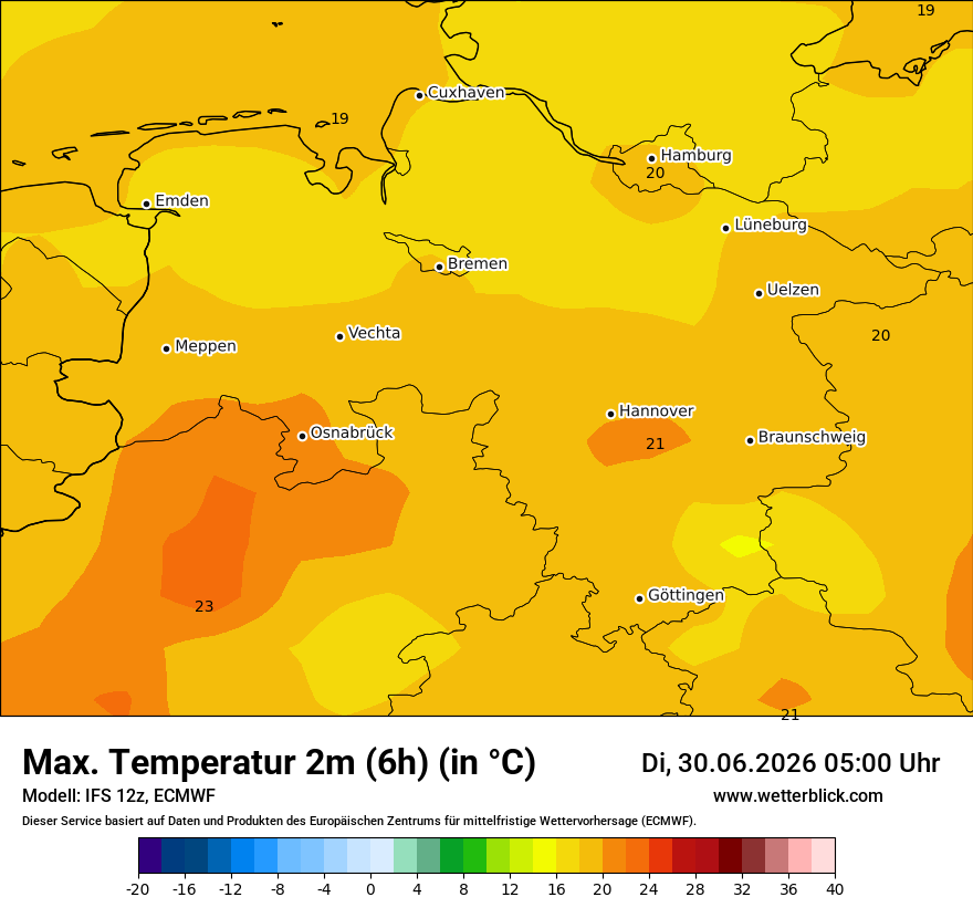 Modellkarte ECMWF – tmax6h – ni