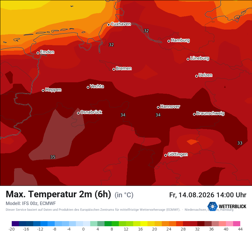 Modellkarte ECMWF – tmax6h – ni