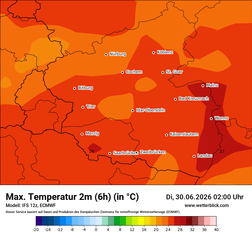 Modellkarte ECMWF – tmax6h – rp