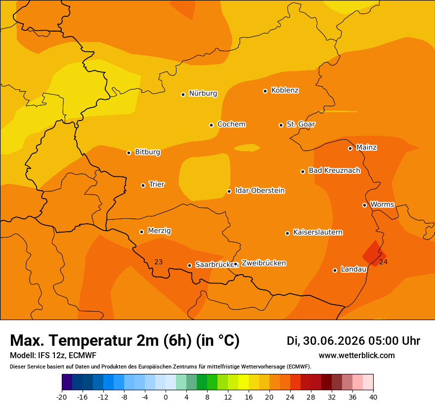 Modellkarte ECMWF – tmax6h – rp