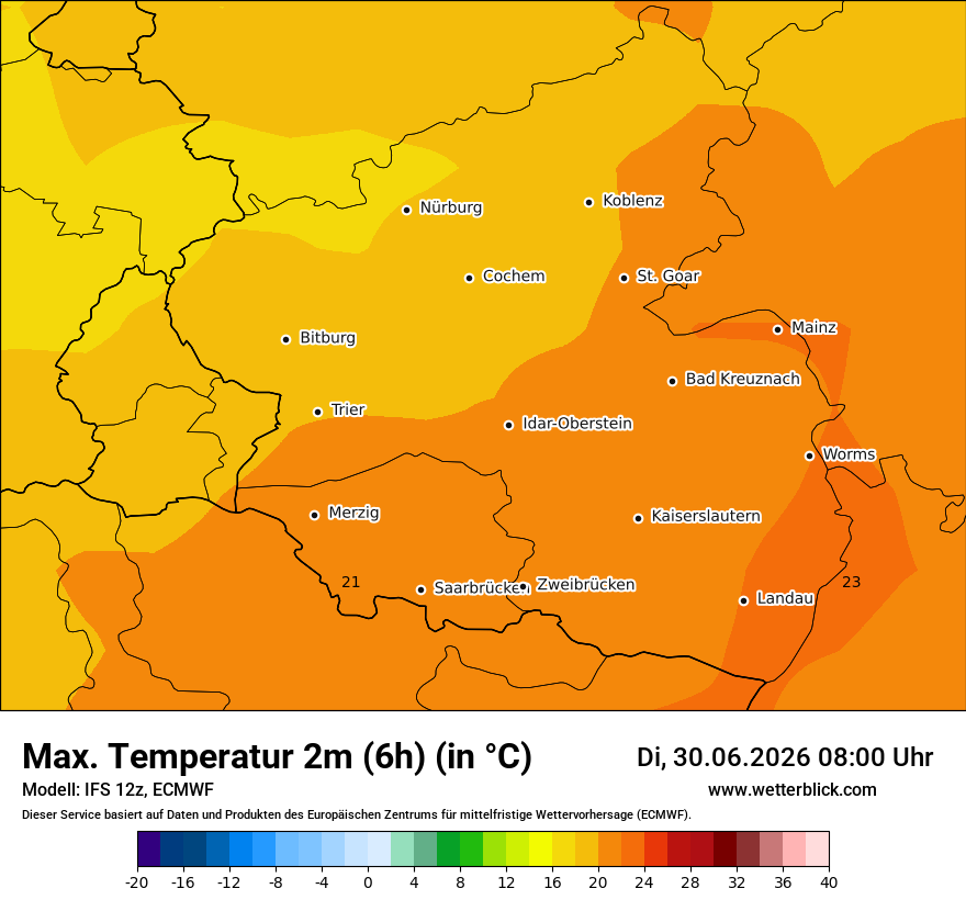 Modellkarte ECMWF – tmax6h – rp