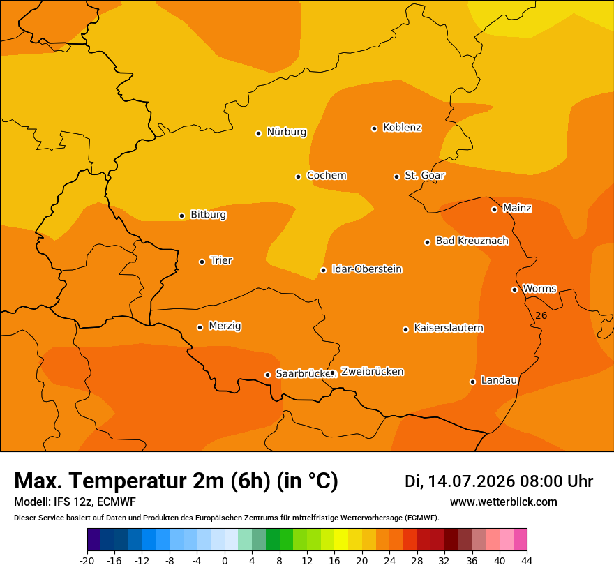 Modellkarte ECMWF – tmax6h – rp