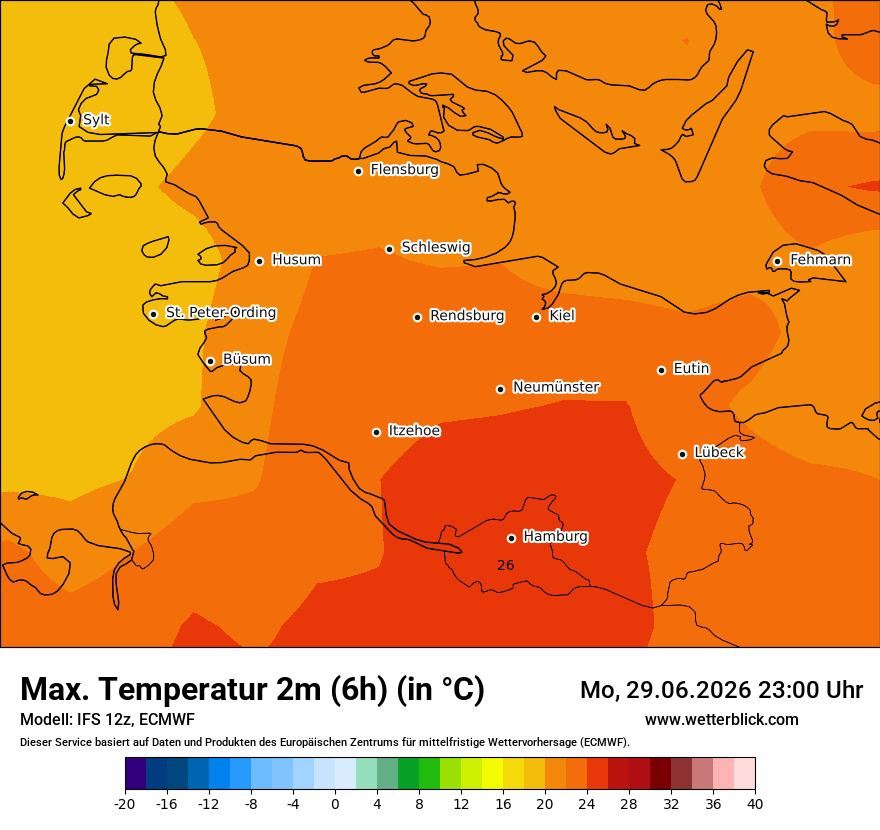 Modellkarte ECMWF – tmax6h – sh
