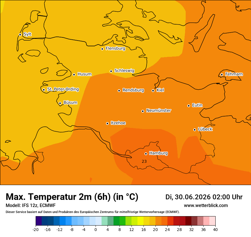 Modellkarte ECMWF – tmax6h – sh