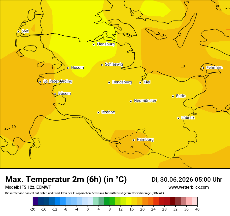 Modellkarte ECMWF – tmax6h – sh