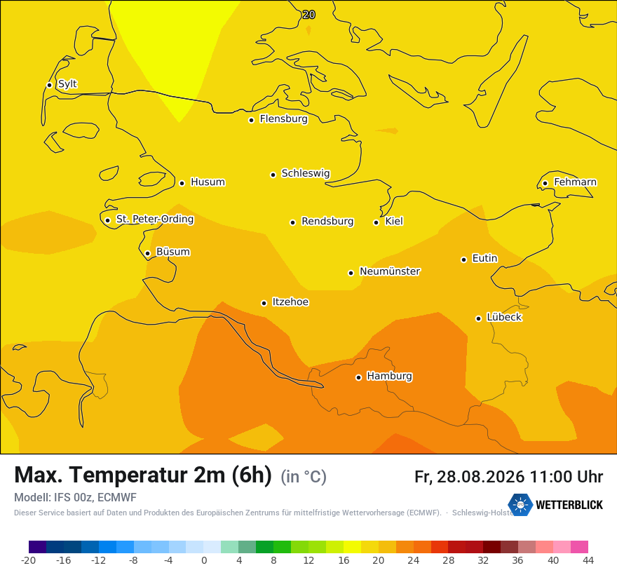 Modellkarte ECMWF – tmax6h – sh