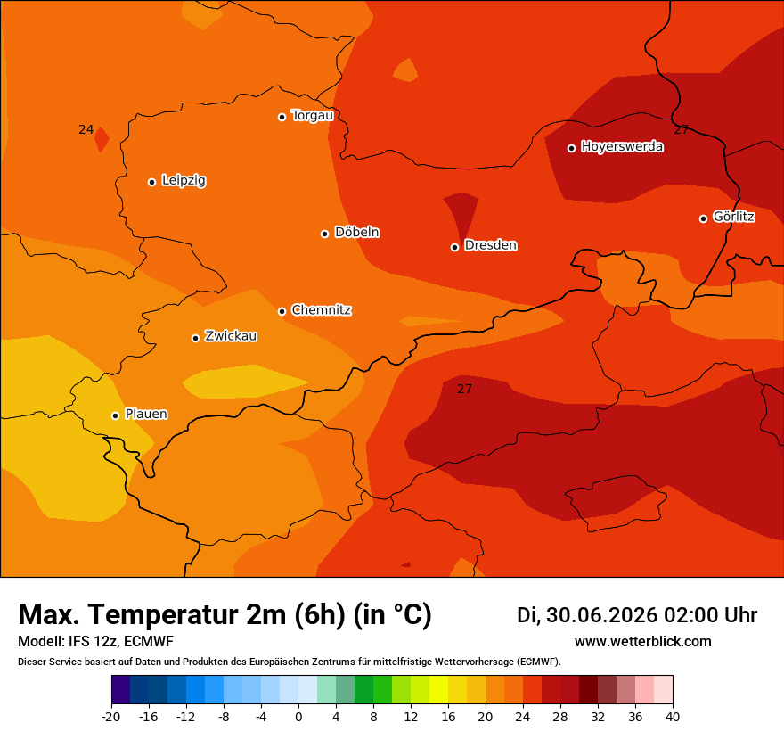 Modellkarte ECMWF – tmax6h – sn