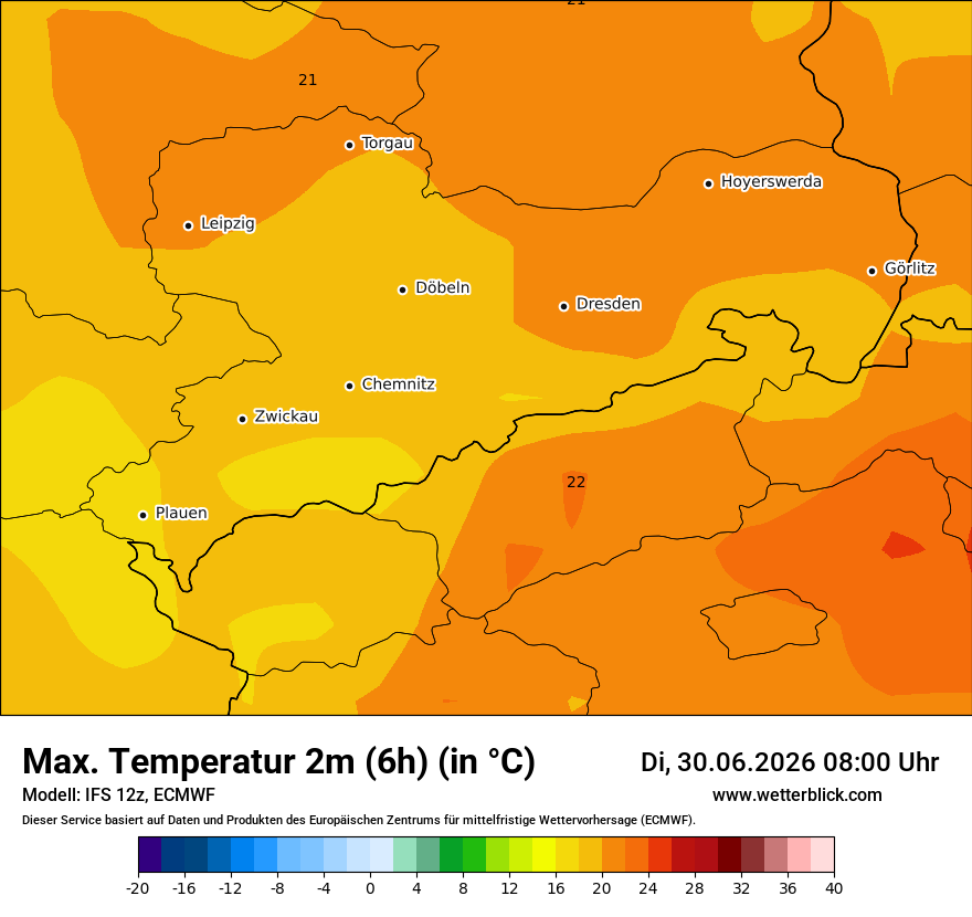 Modellkarte ECMWF – tmax6h – sn