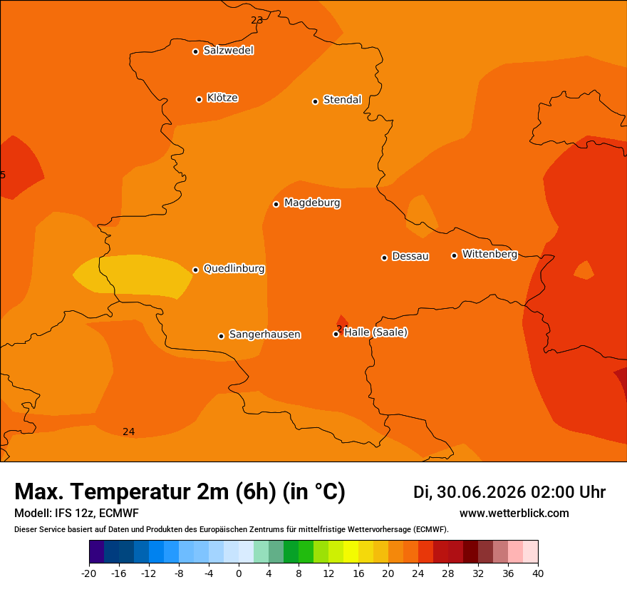 Modellkarte ECMWF – tmax6h – st