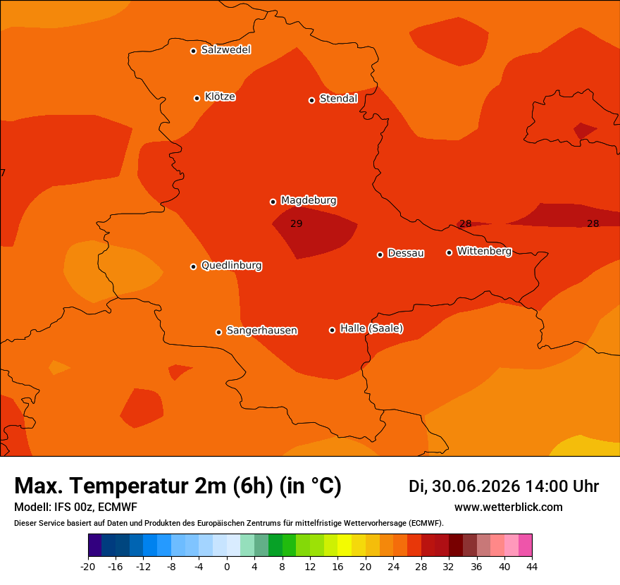 Modellkarte ECMWF – tmax6h – st