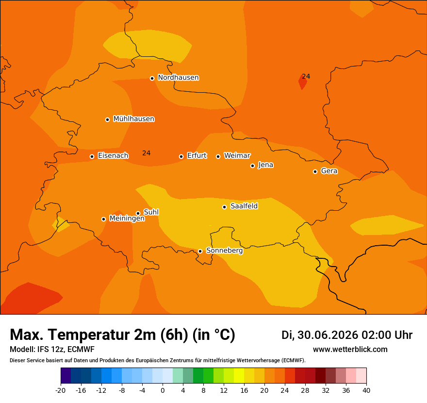 Modellkarte ECMWF – tmax6h – th