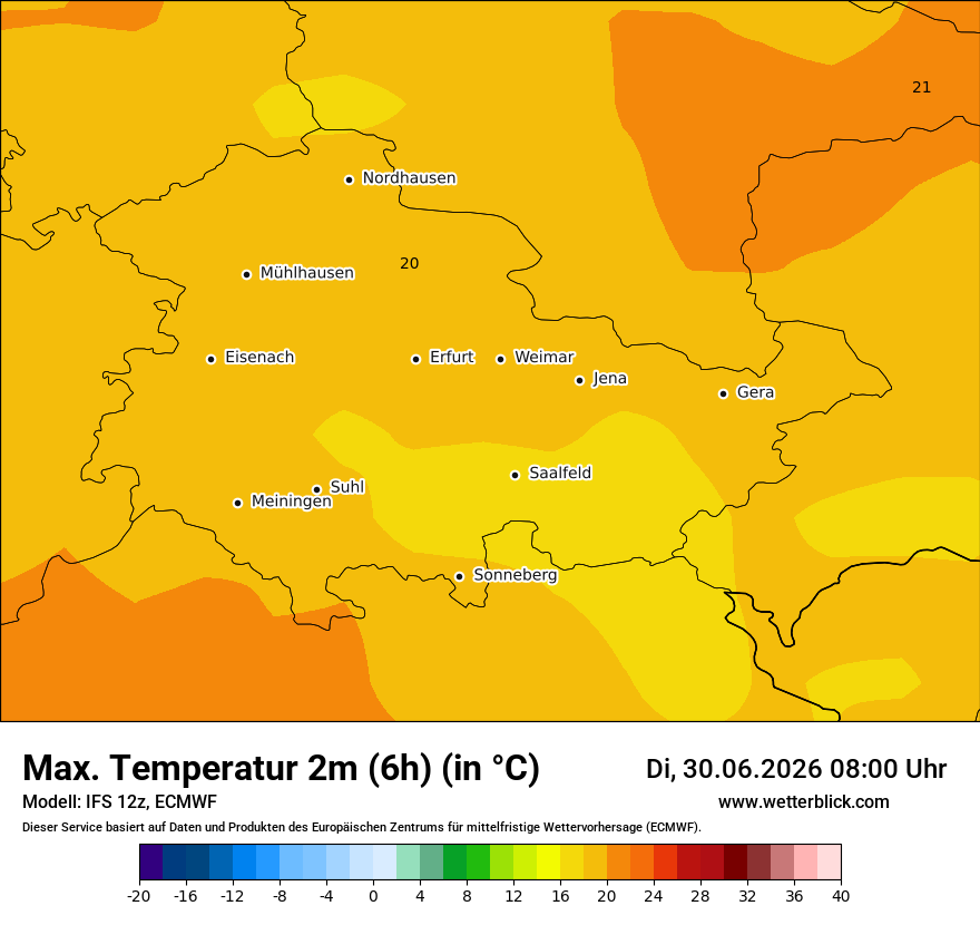 Modellkarte ECMWF – tmax6h – th